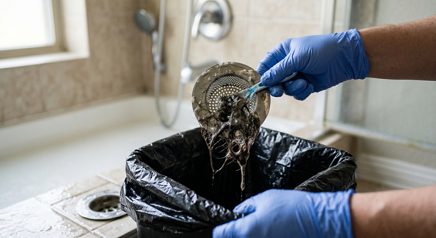 Close-up of hair and soap scum being removed from a drain catcher before washing.