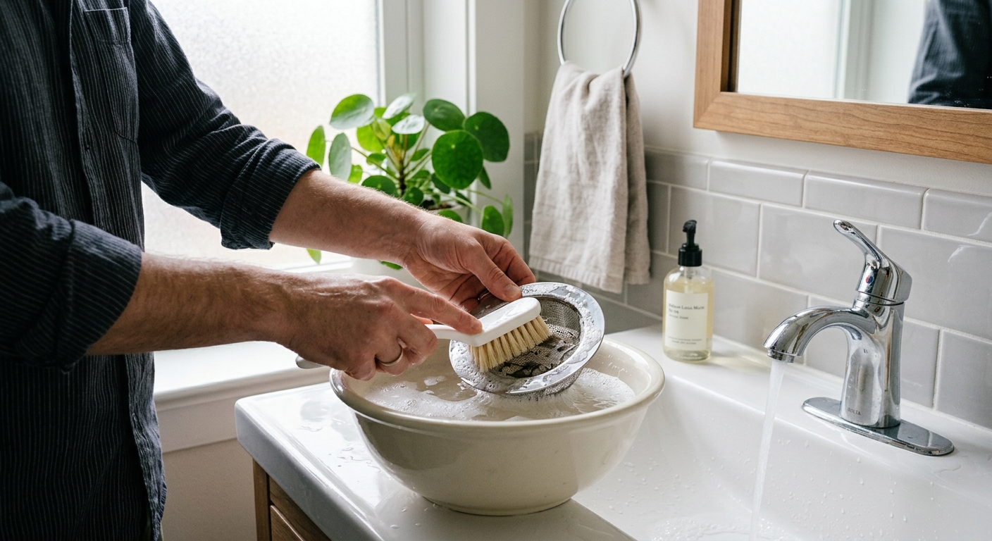 The hair catcher being scrubbed with a soft brush in a bowl of warm soapy water.