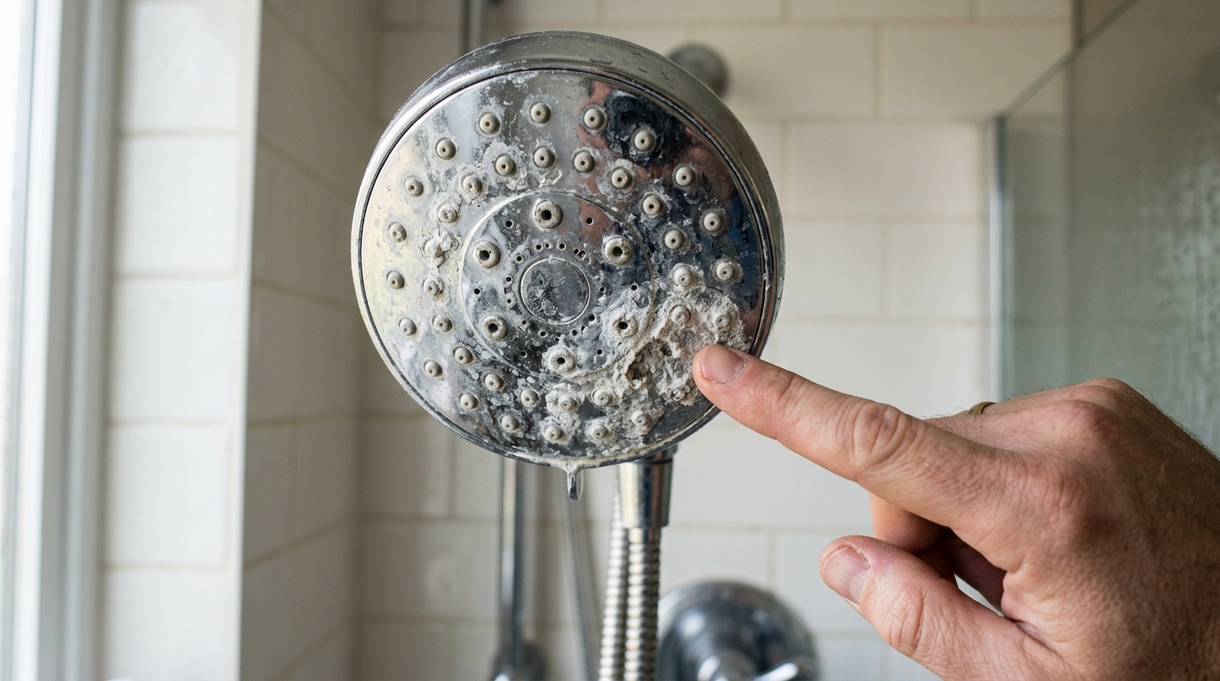 A bathroom shower head is shown with mineral scale on the nozzle face before cleaning.