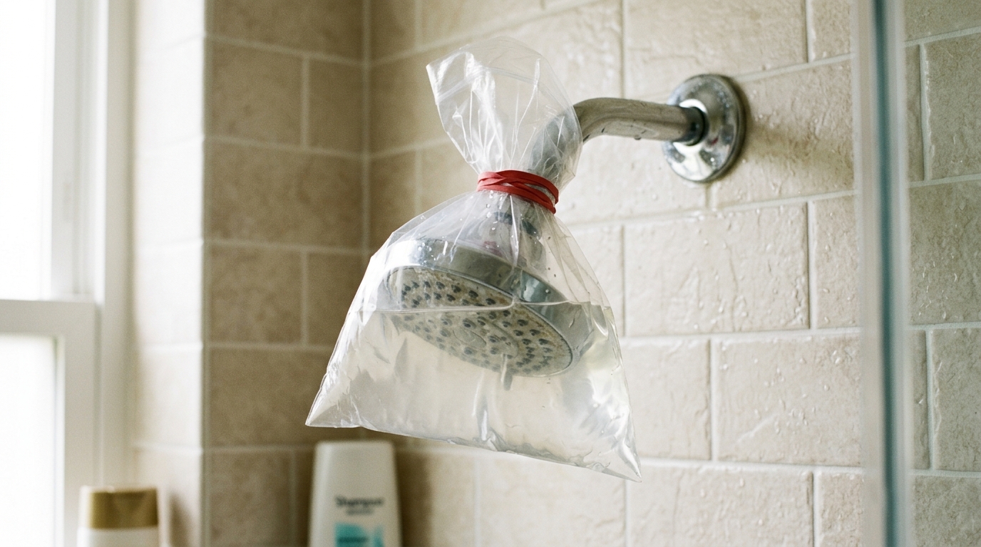 A fixed shower head is wrapped in a vinegar-filled bag secured with a rubber band for descaling.