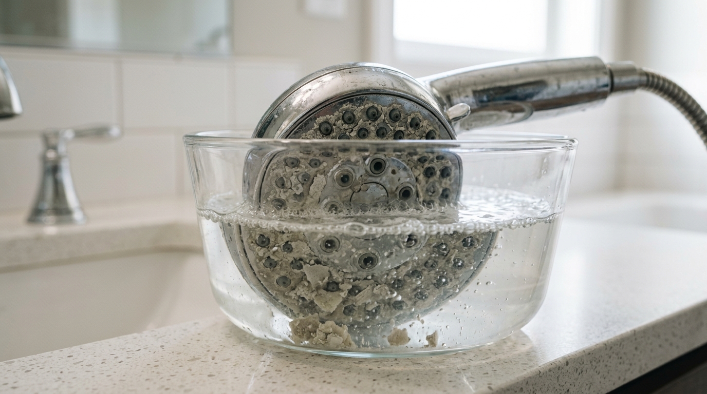 A shower head soaks in vinegar while mineral deposits begin to loosen around the nozzles.