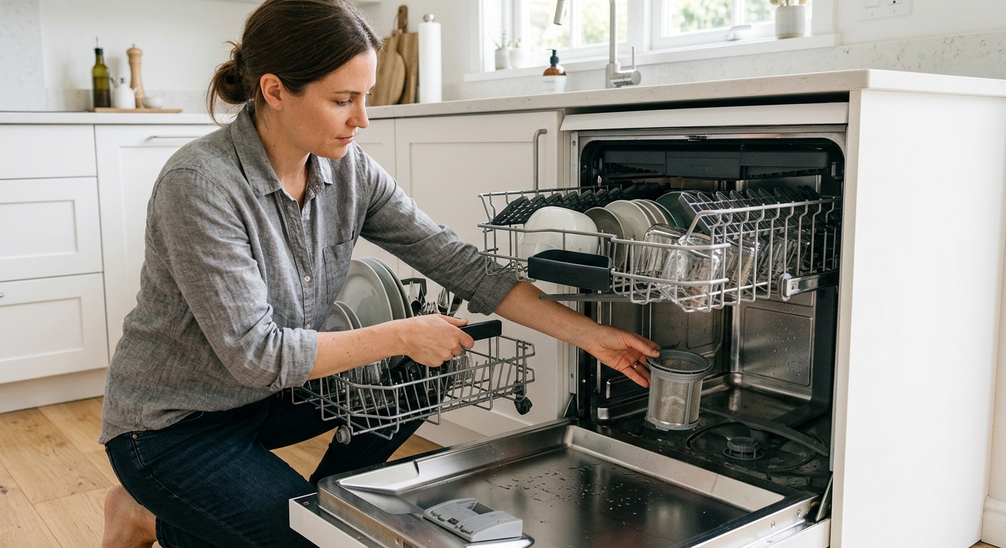 A homeowner pulls out the lower rack to reveal the dishwasher filter area.