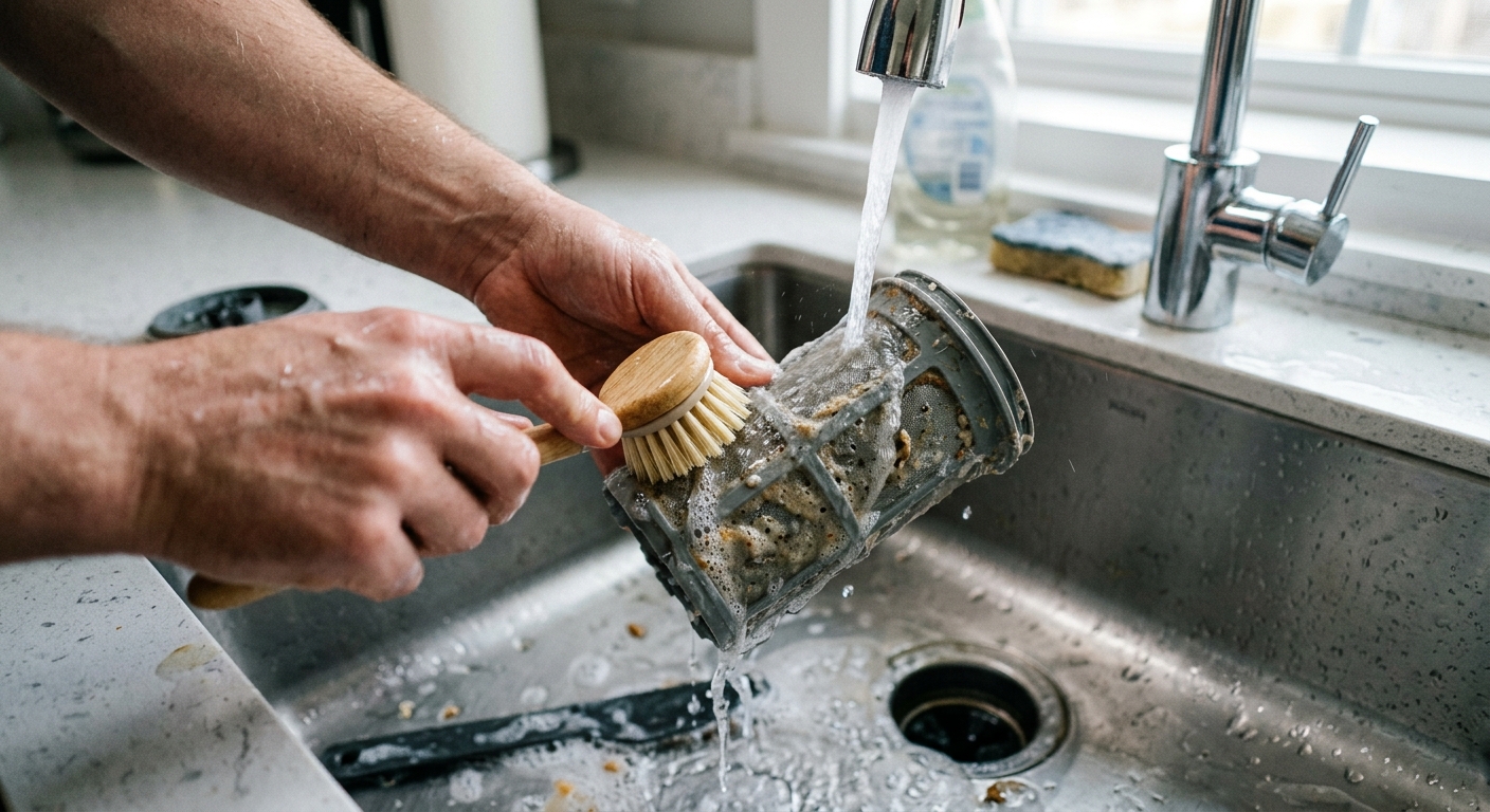 The dishwasher filter is rinsed and brushed in the sink.