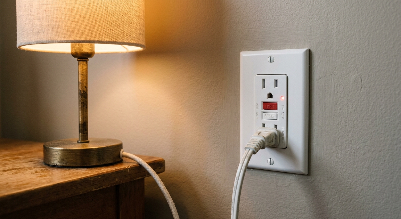 A homeowner plugs a small lamp into a bathroom GFCI outlet before testing it