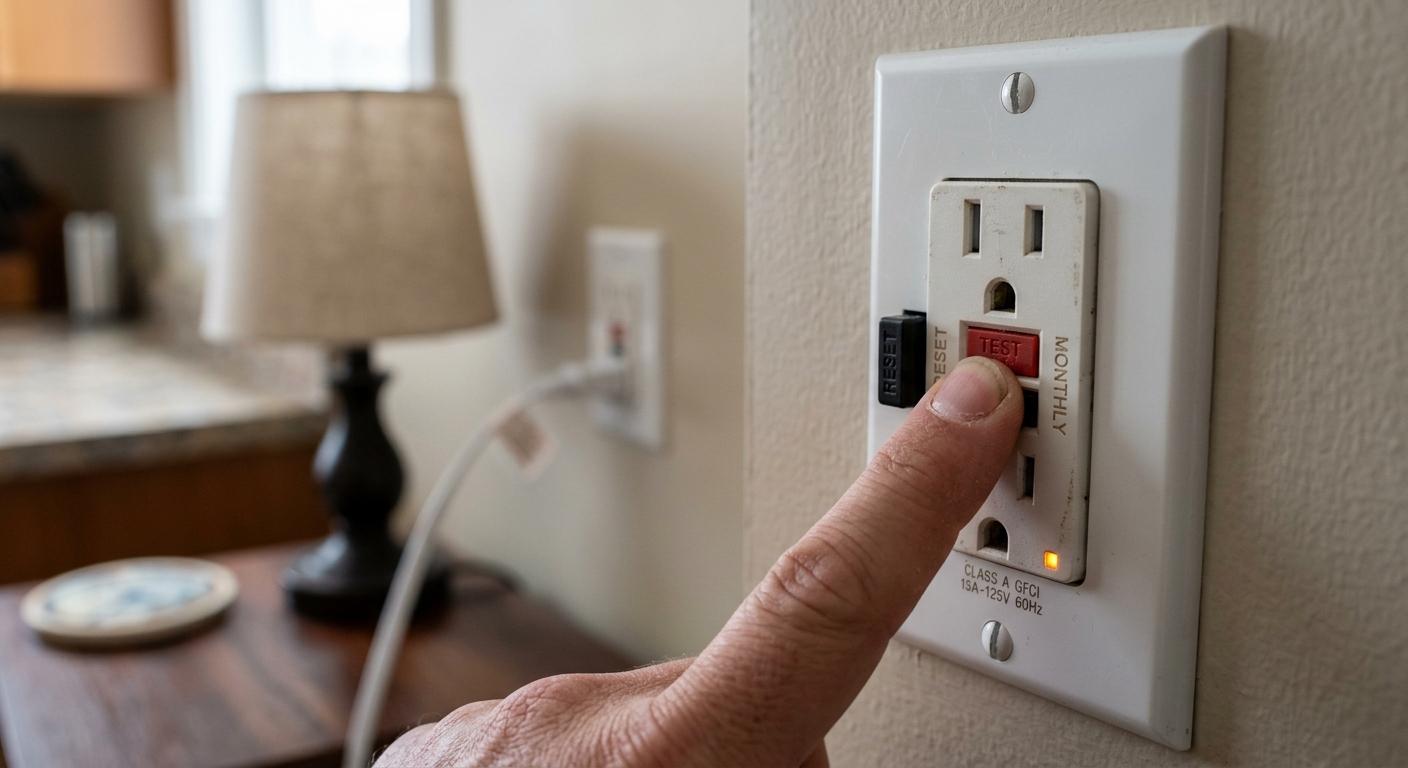 Close-up of the TEST button being pressed on a GFCI receptacle, with the indicator light changing