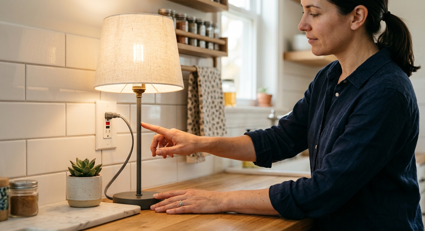A kitchen GFCI outlet is reset after testing, and the lamp turns back on