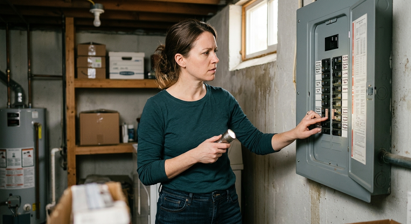 A homeowner checks a breaker panel after a GFCI outlet will not reset, illustrating escalation to troubleshooting