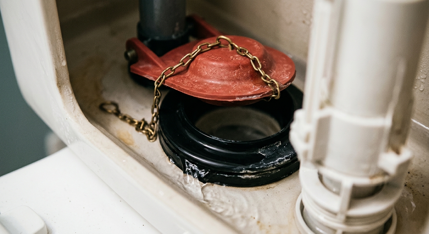 Close-up of a toilet tank with the flapper lifted and the chain visible