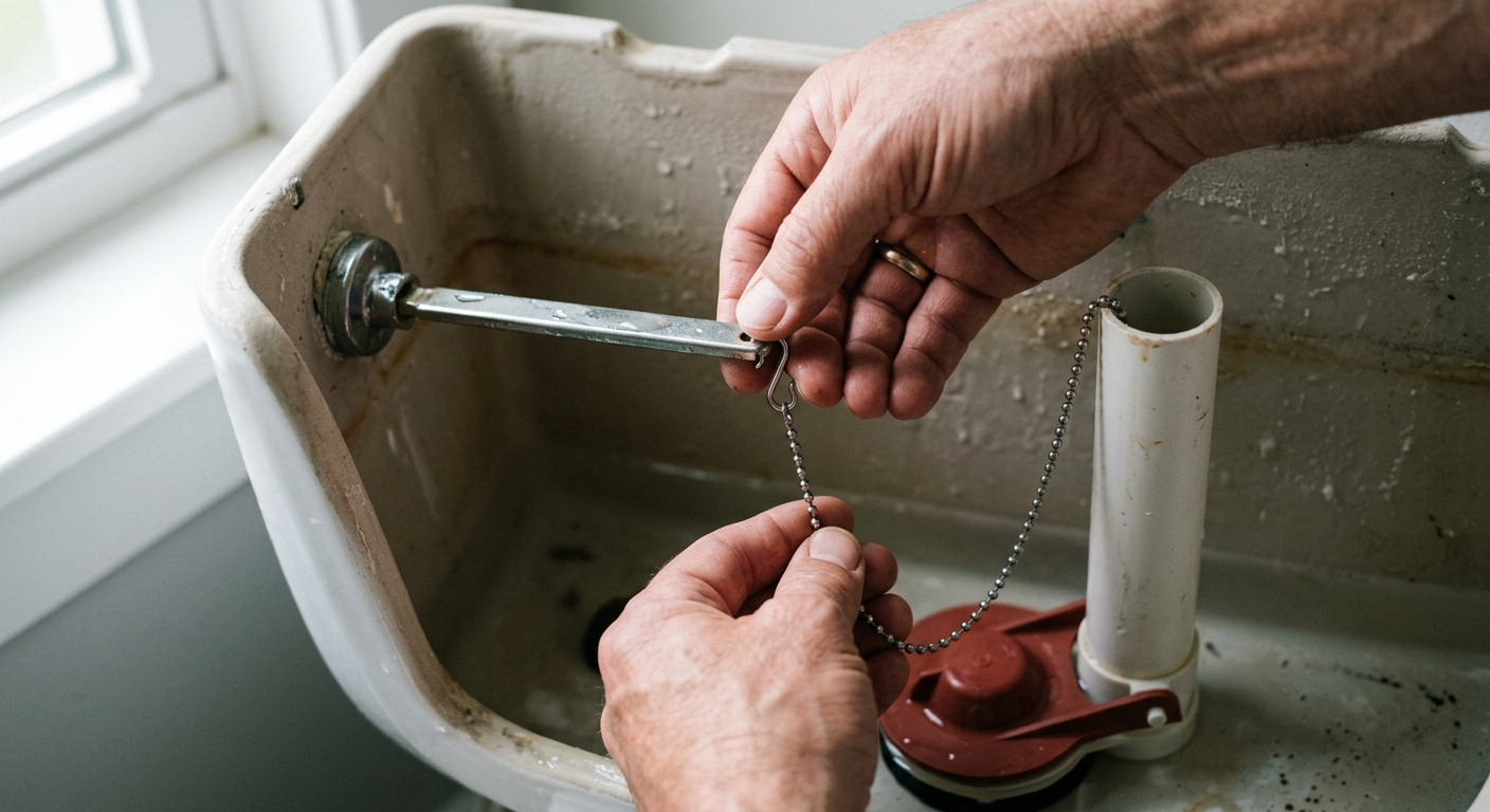 Hands attaching a replacement flapper chain inside a toilet tank