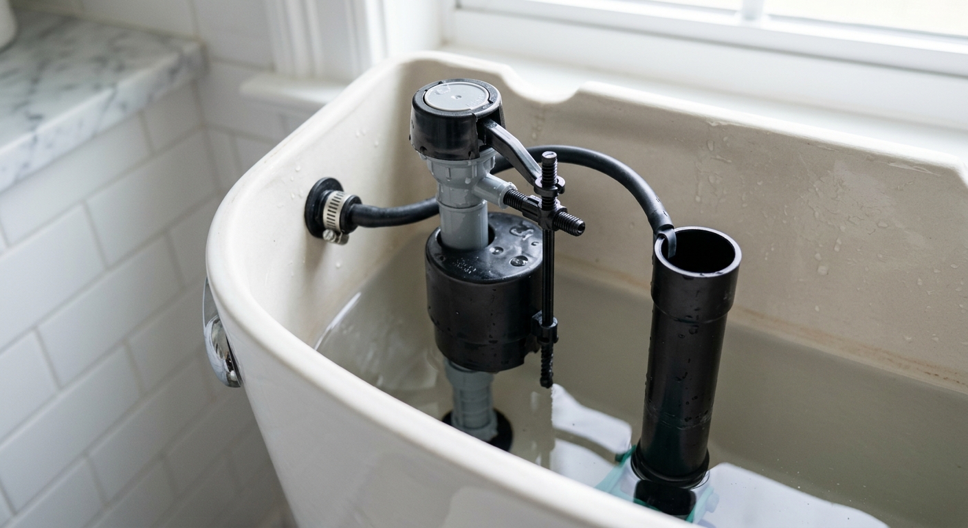 Toilet fill valve and overflow tube inside an open tank
