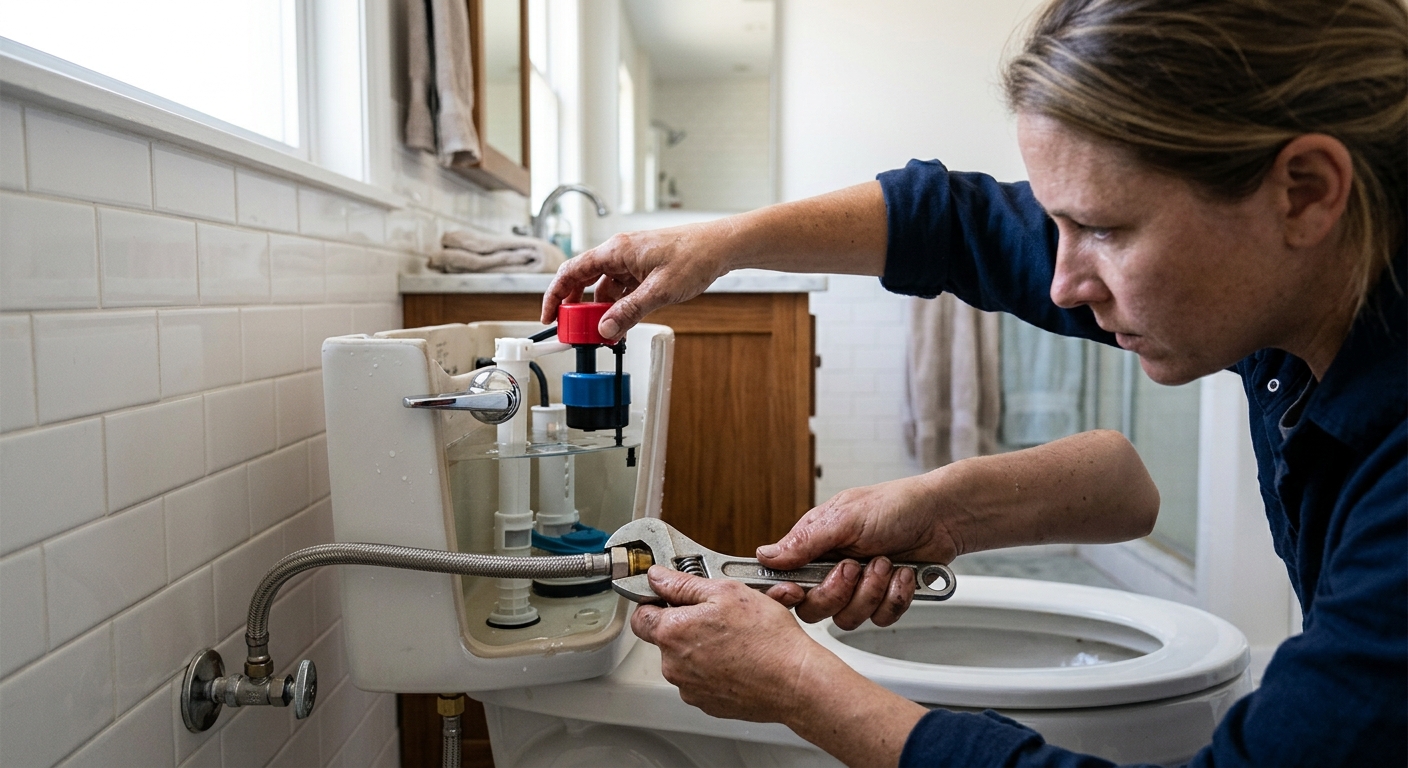 Person adjusting a toilet fill valve float and supply connection