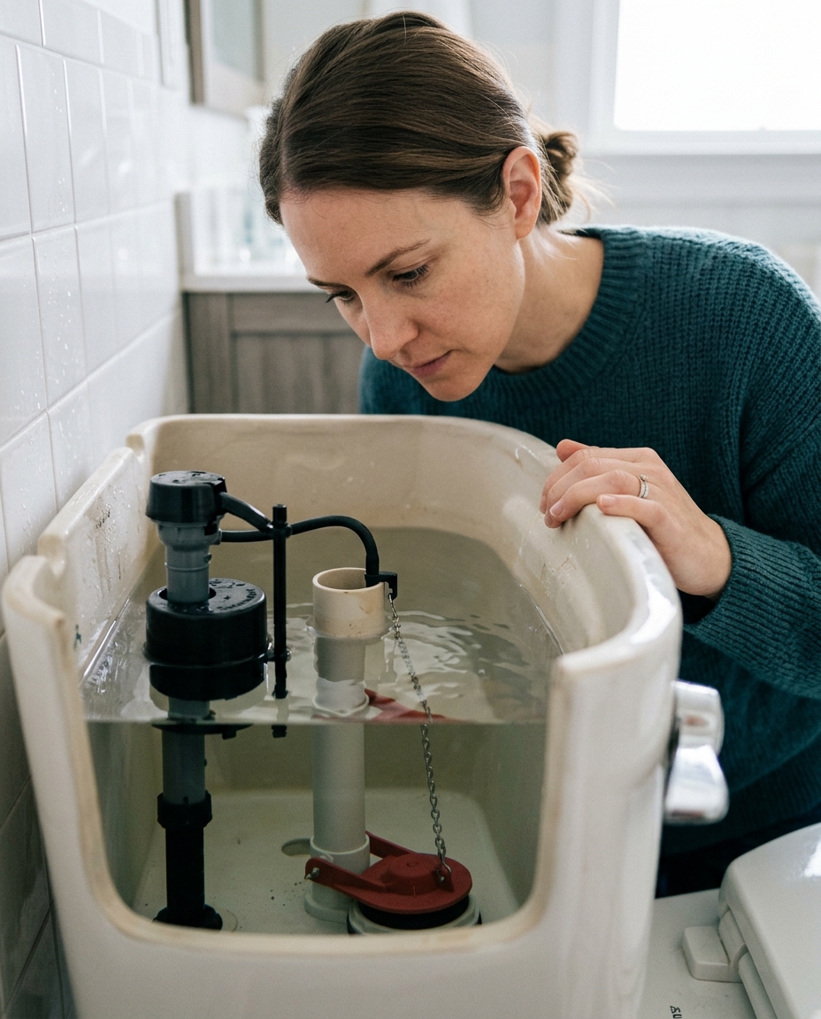 A homeowner removes the toilet tank lid to inspect the water level and internal parts.