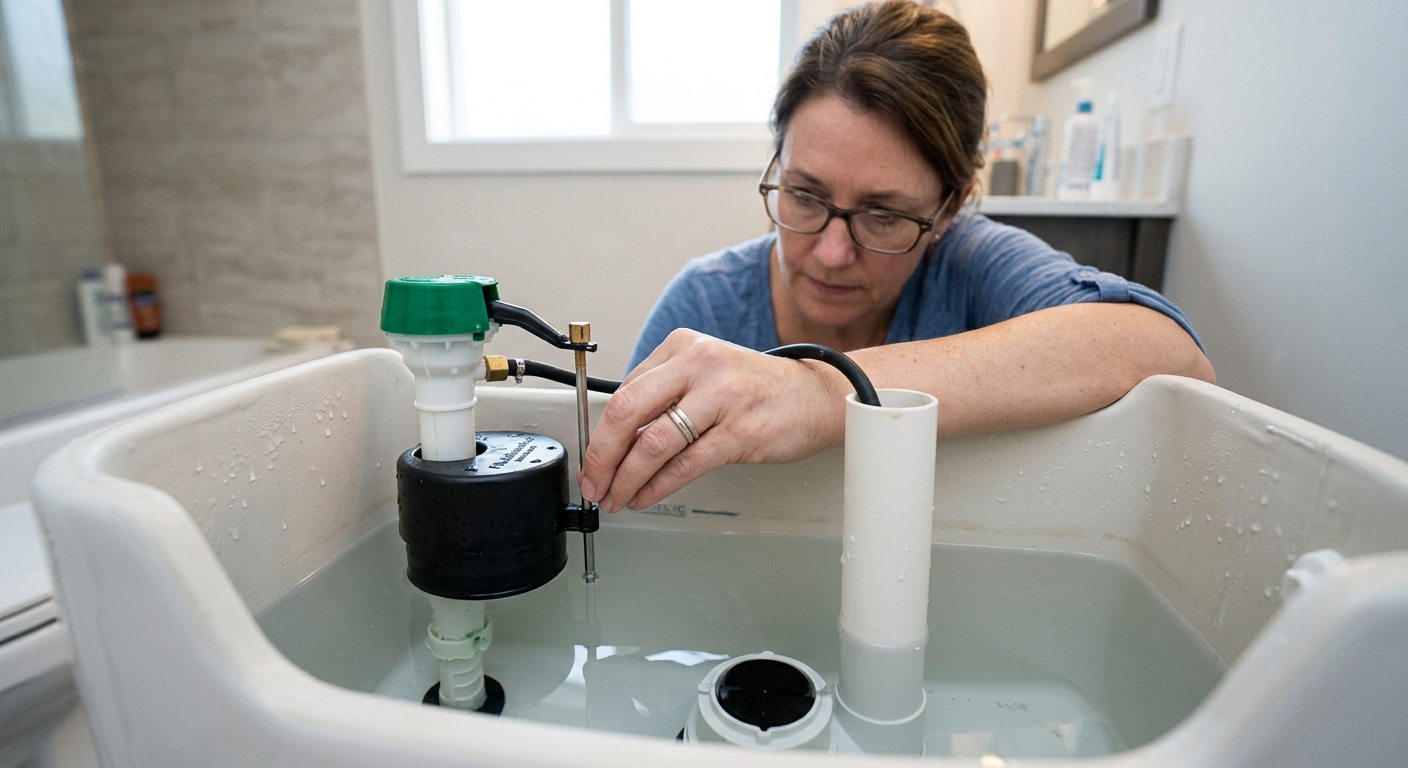 The fill valve and overflow tube are inspected while the waterline is adjusted.