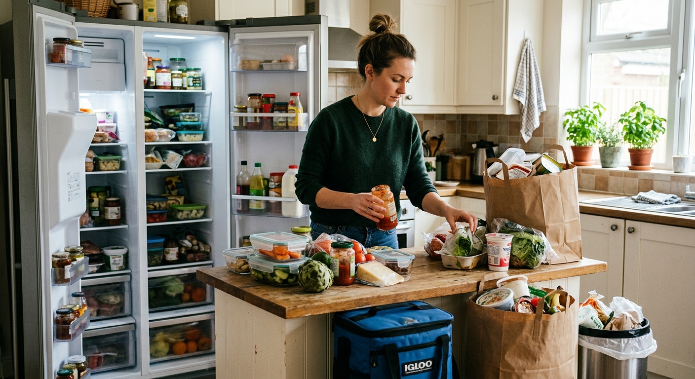 A neatly emptied refrigerator with shelves removed and food in a cooler