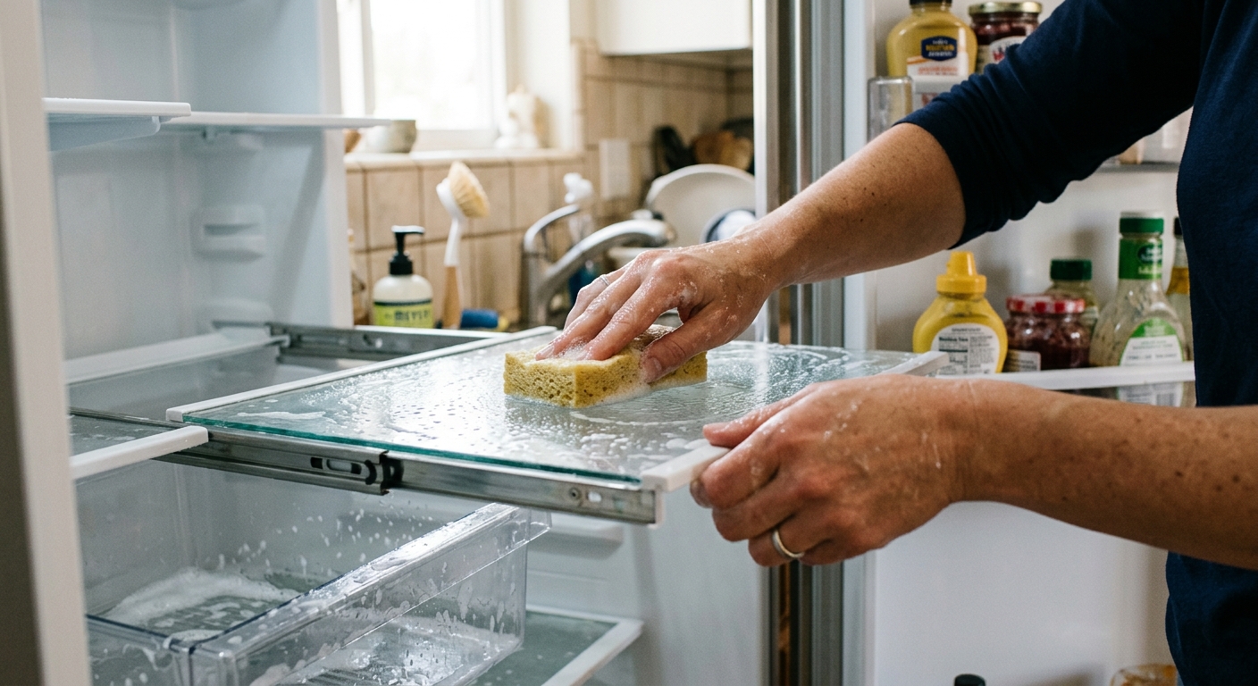 A person wiping refrigerator shelves with a soft sponge and warm soapy water
