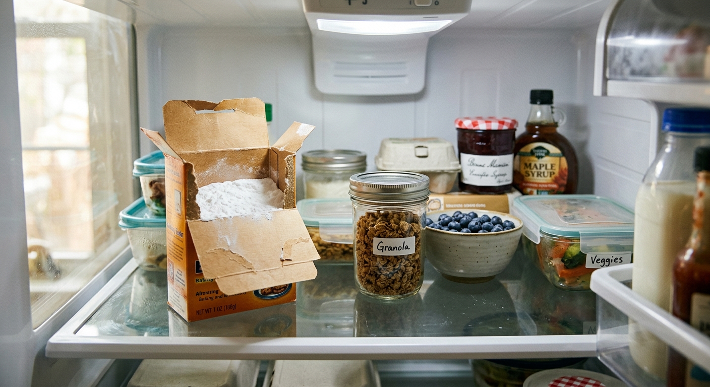 An open box of baking soda placed on a refrigerator shelf among sealed containers
