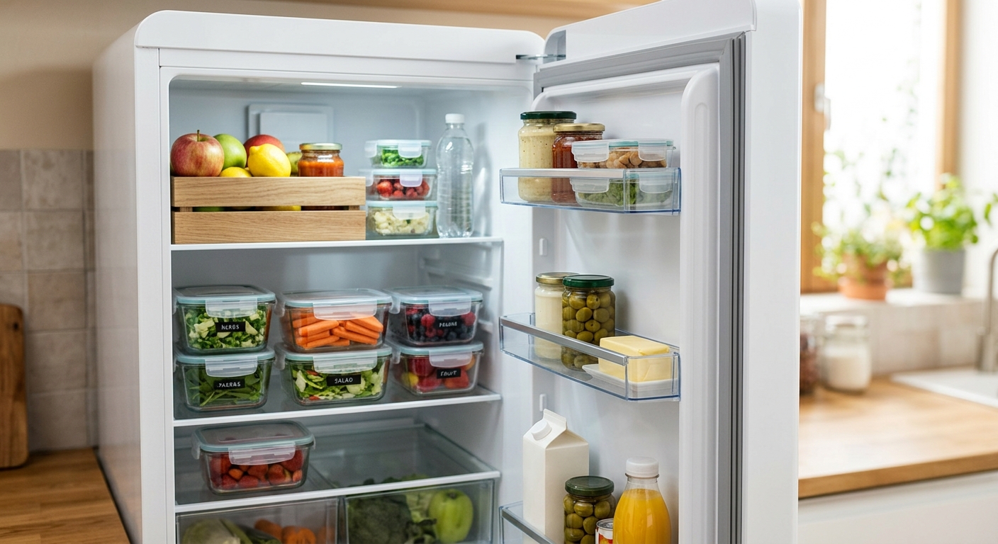 Close-up of a clean refrigerator gasket and organized shelves with sealed containers