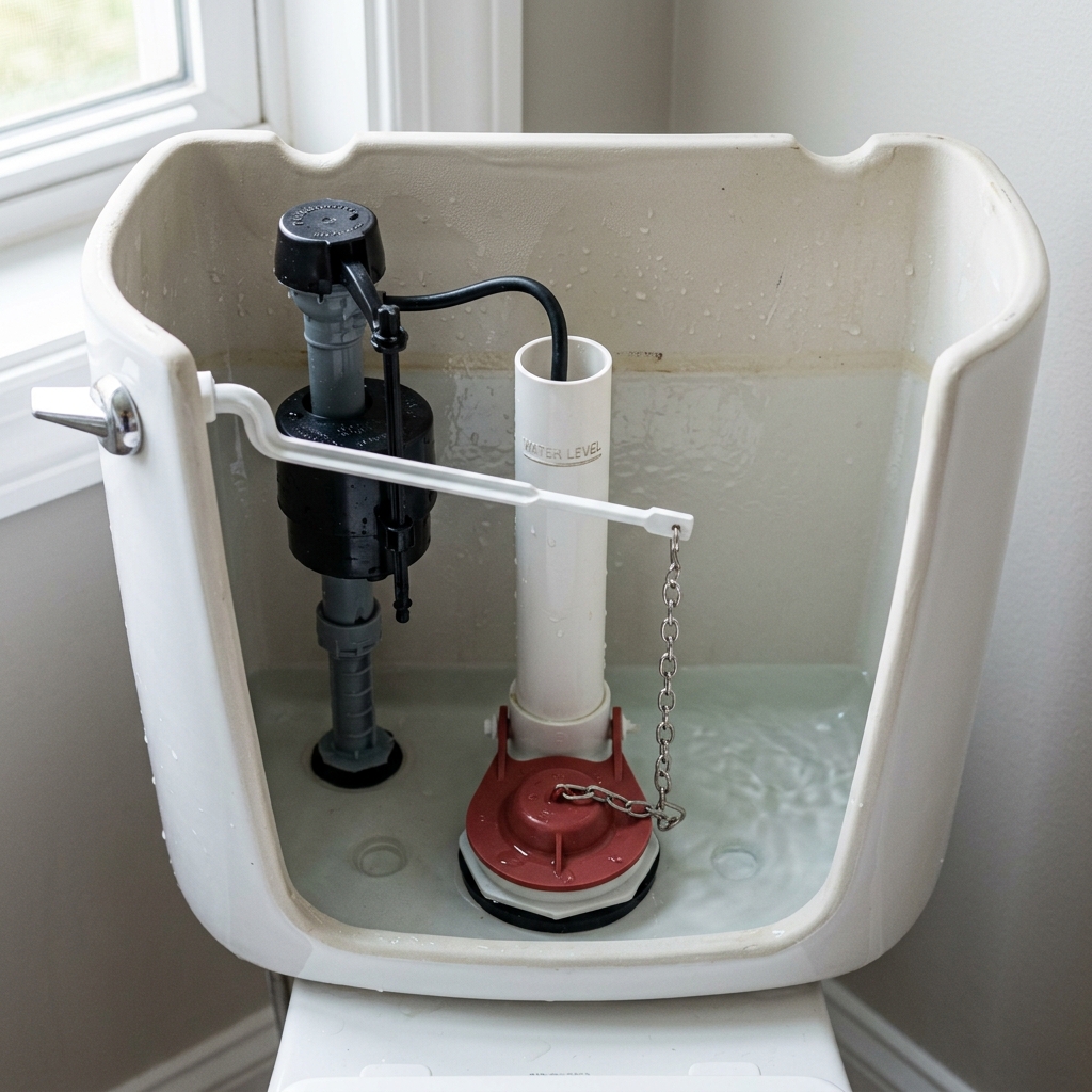 Inside a toilet tank with the flapper, chain, overflow tube, and fill valve visible.