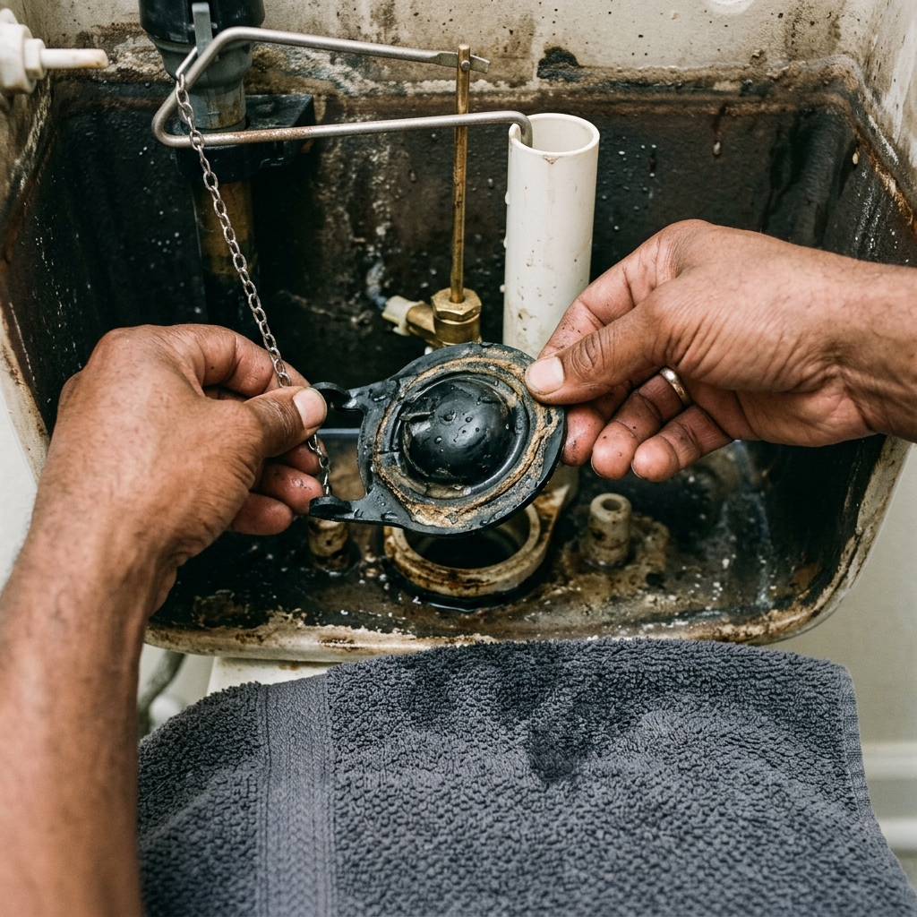 Hands removing a worn toilet flapper from the tank.