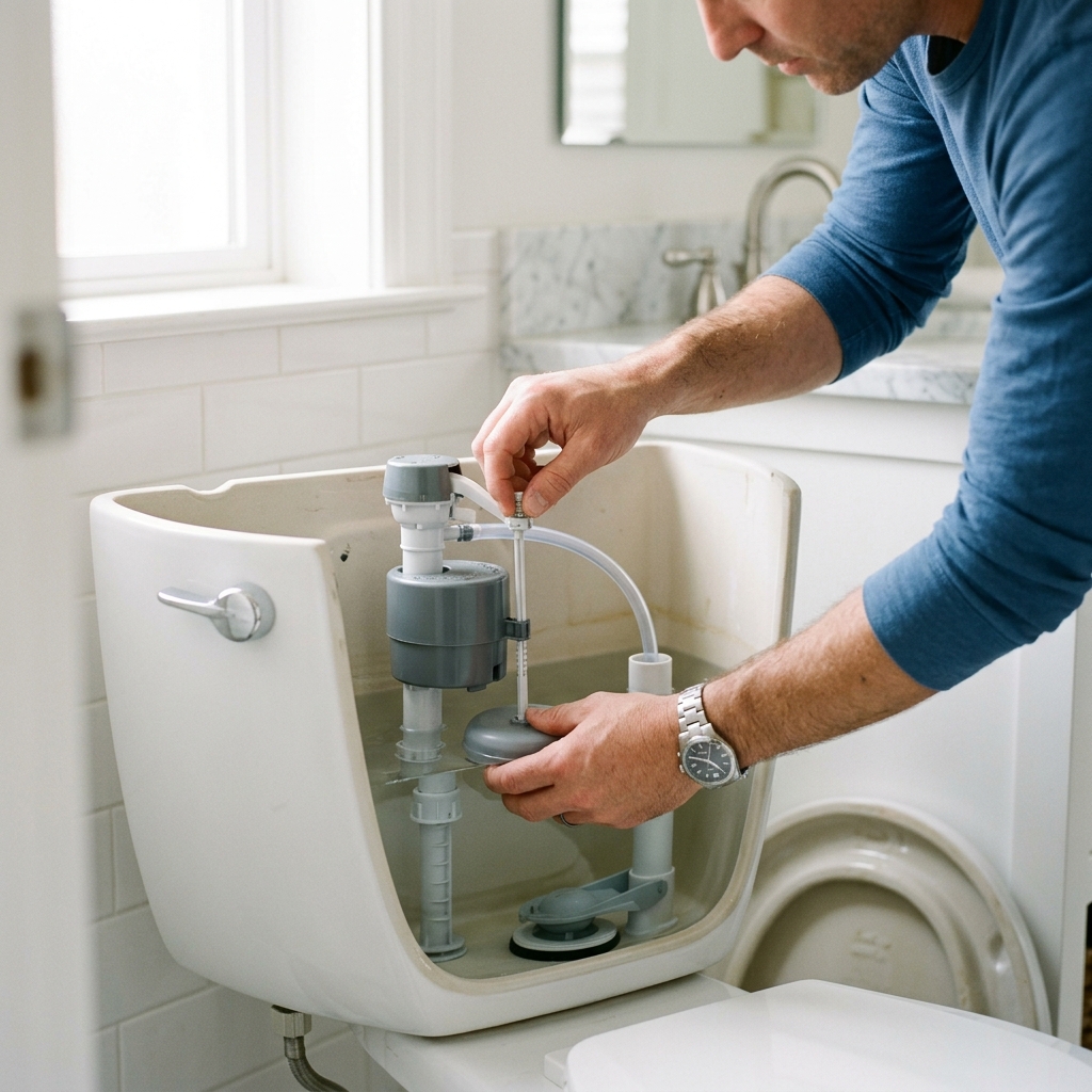 A person adjusts the toilet fill valve float to set the water level.