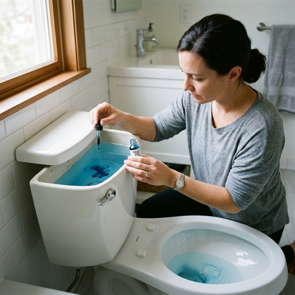 A homeowner checks for a silent toilet leak with a dye test.