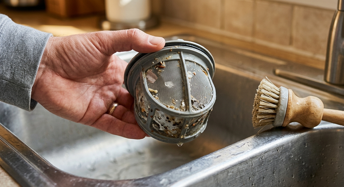 A homeowner opens the dishwasher and pulls out the lower rack to reach the filter area.
