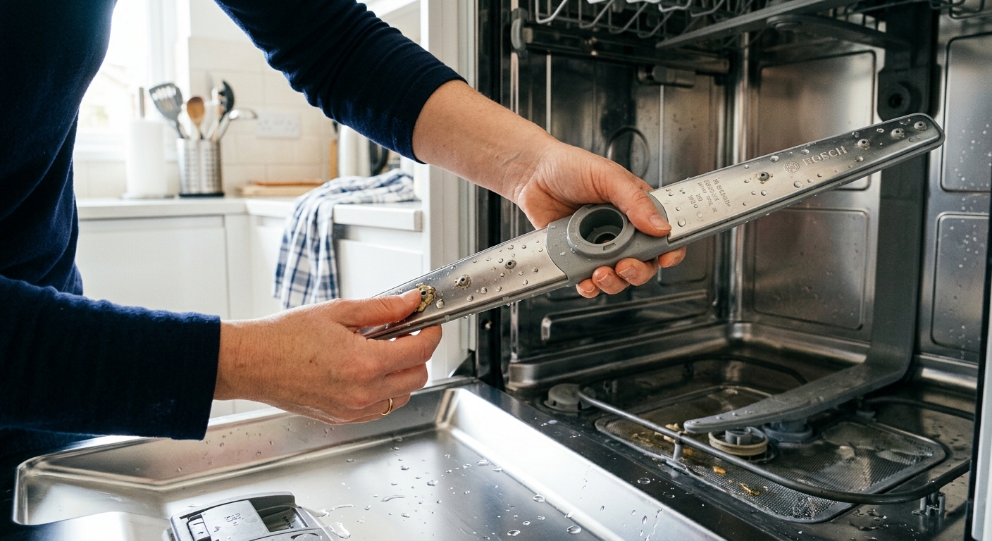 A dishwasher spray arm is removed and examined for clogged nozzles.