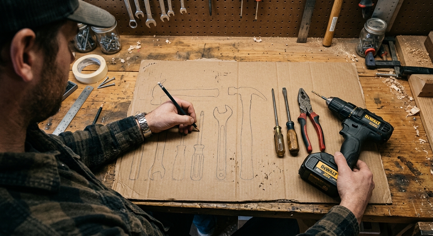 Sketching the tool layout on cardboard before cutting wood