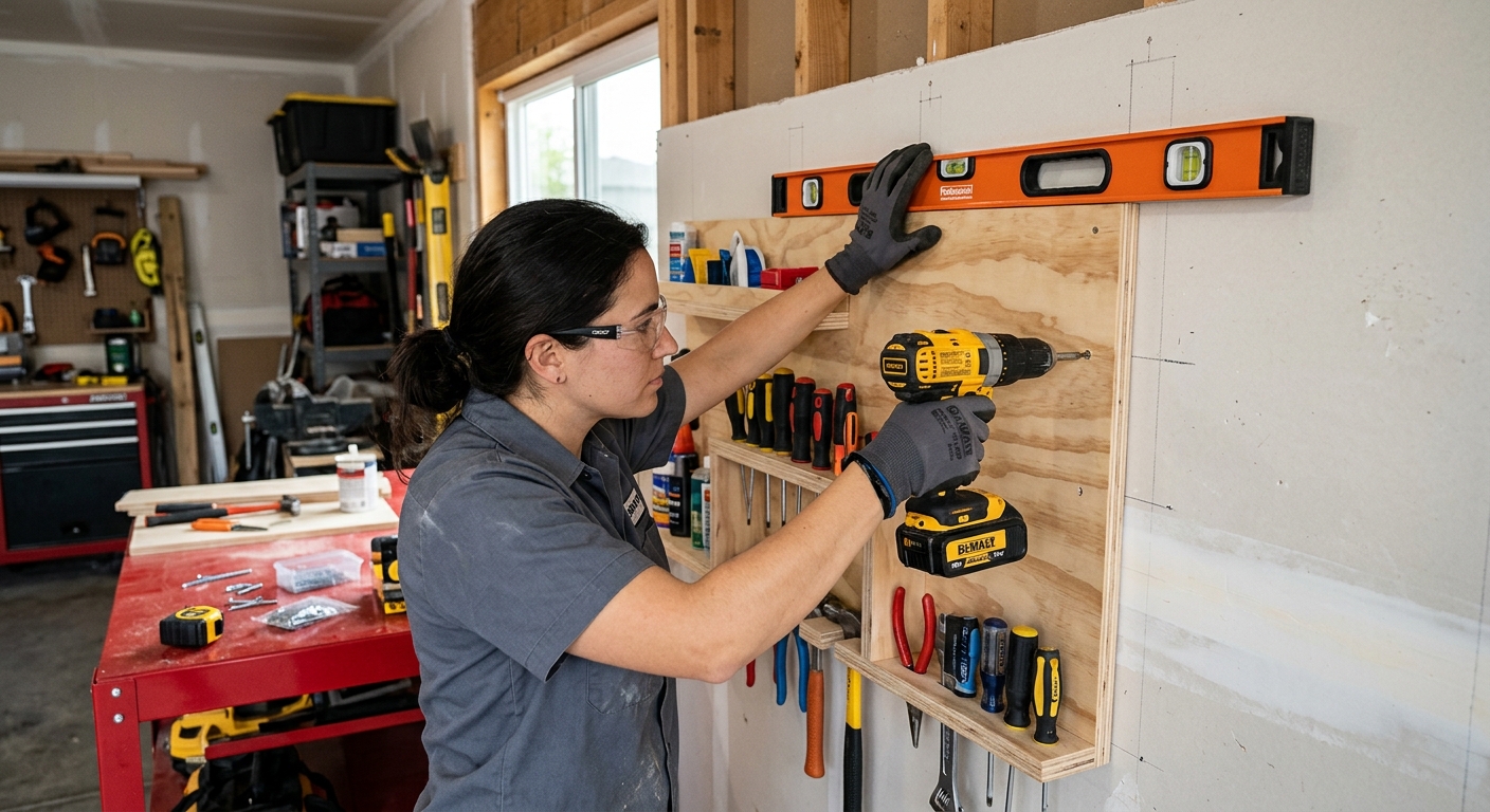 Driving mounting screws into wall studs with the organizer leveled in place