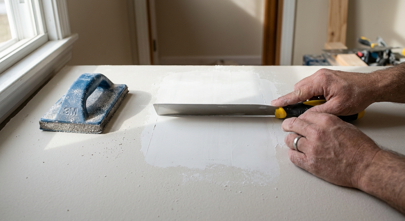 A sanded drywall patch is checked for flatness before a second coat.