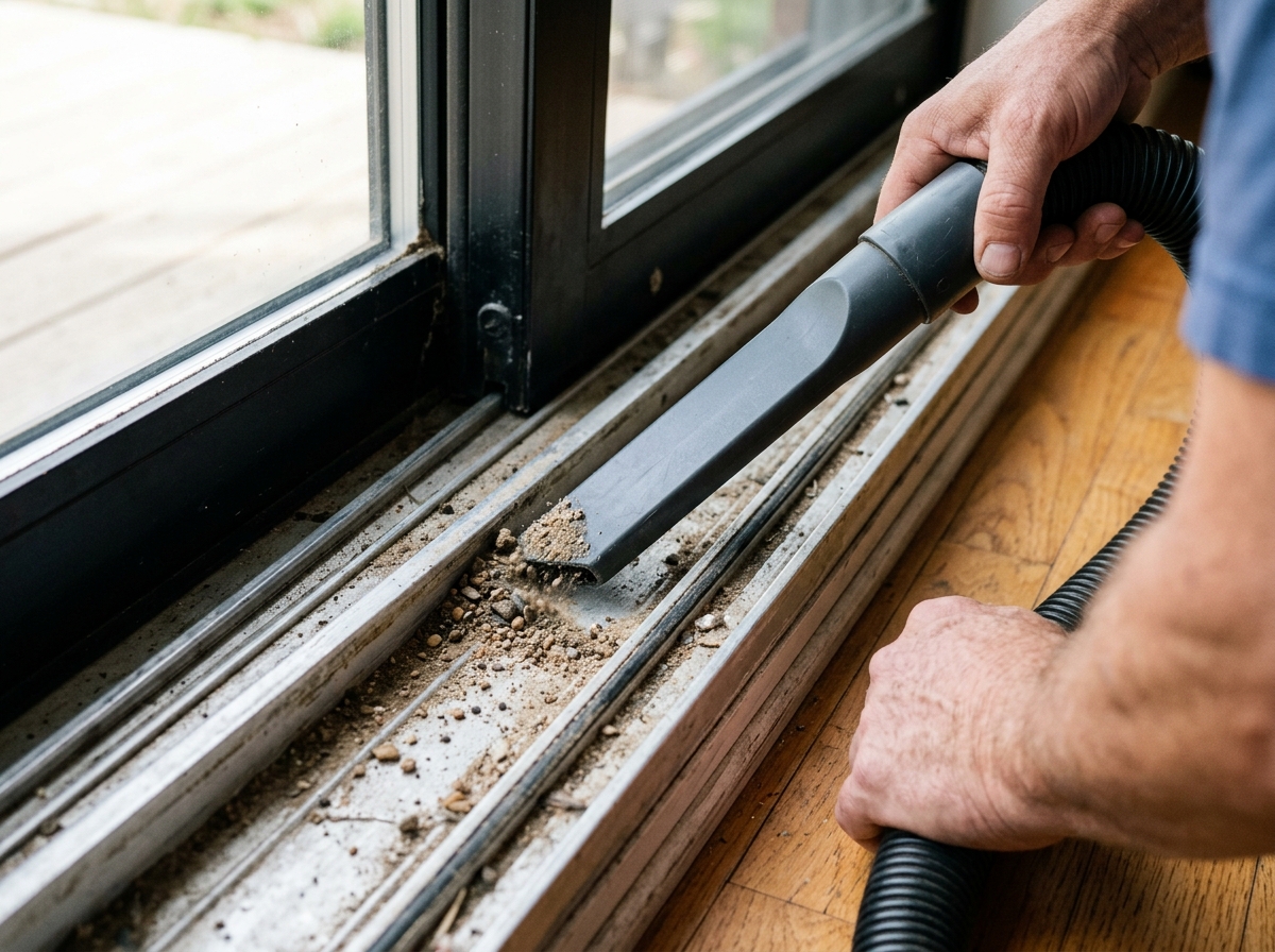 A homeowner vacuums loose grit from the bottom track of a sliding patio door.