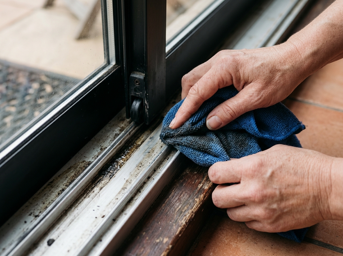 Close-up of a sliding door roller area being wiped clean before adjustment.