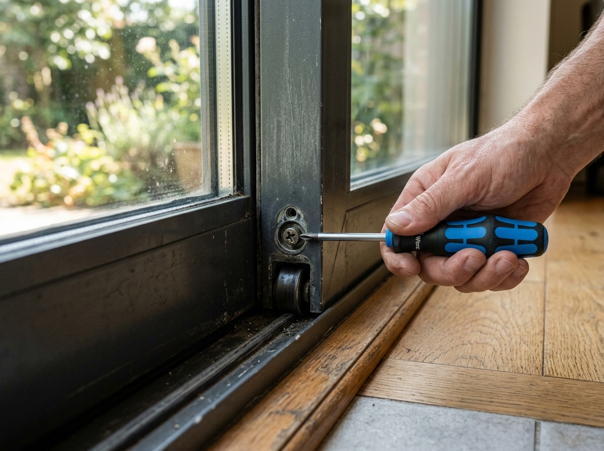A screwdriver is used to turn the roller adjustment screw on a patio door.