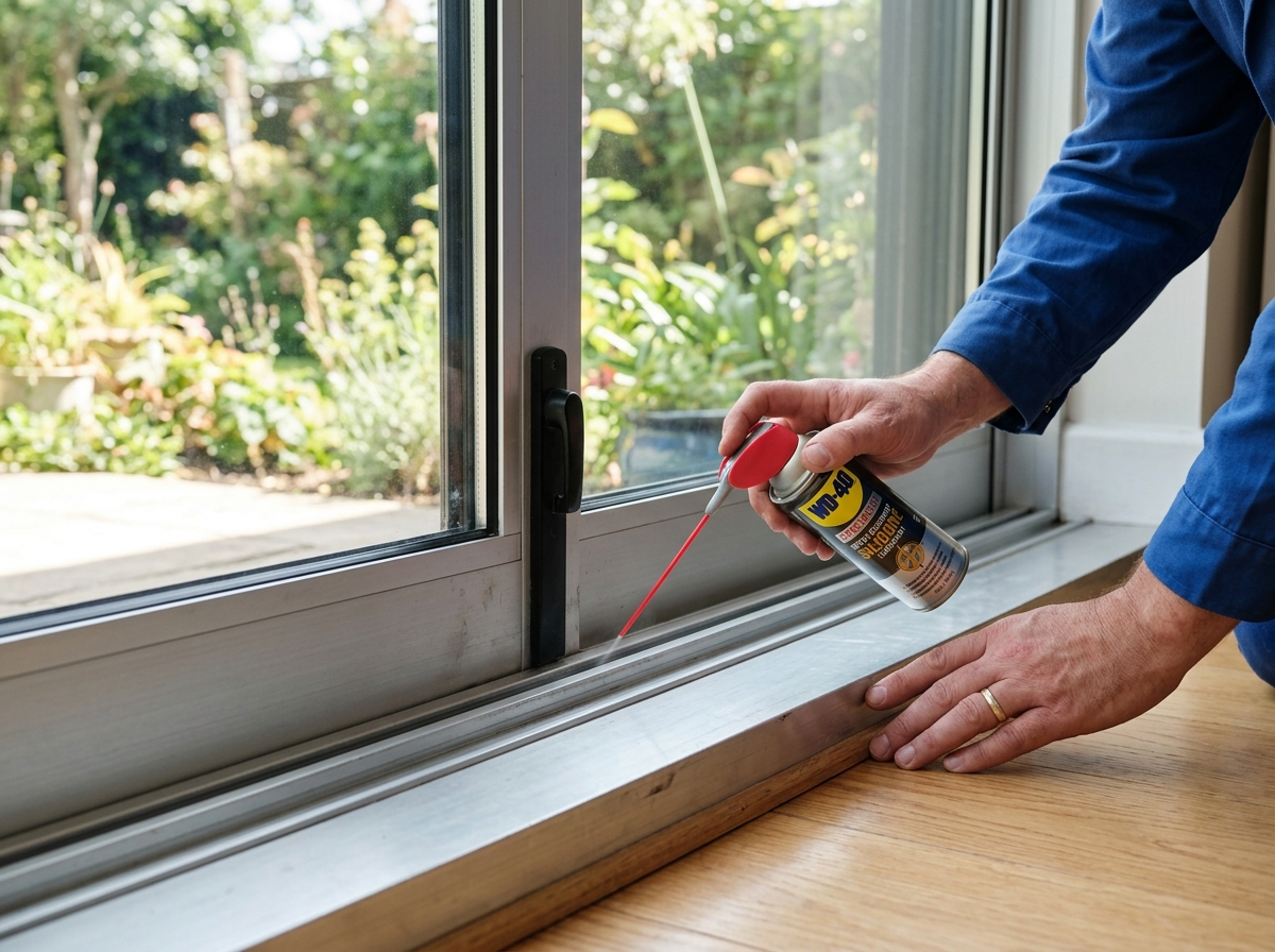 A homeowner applies a light silicone spray to a clean sliding door track.