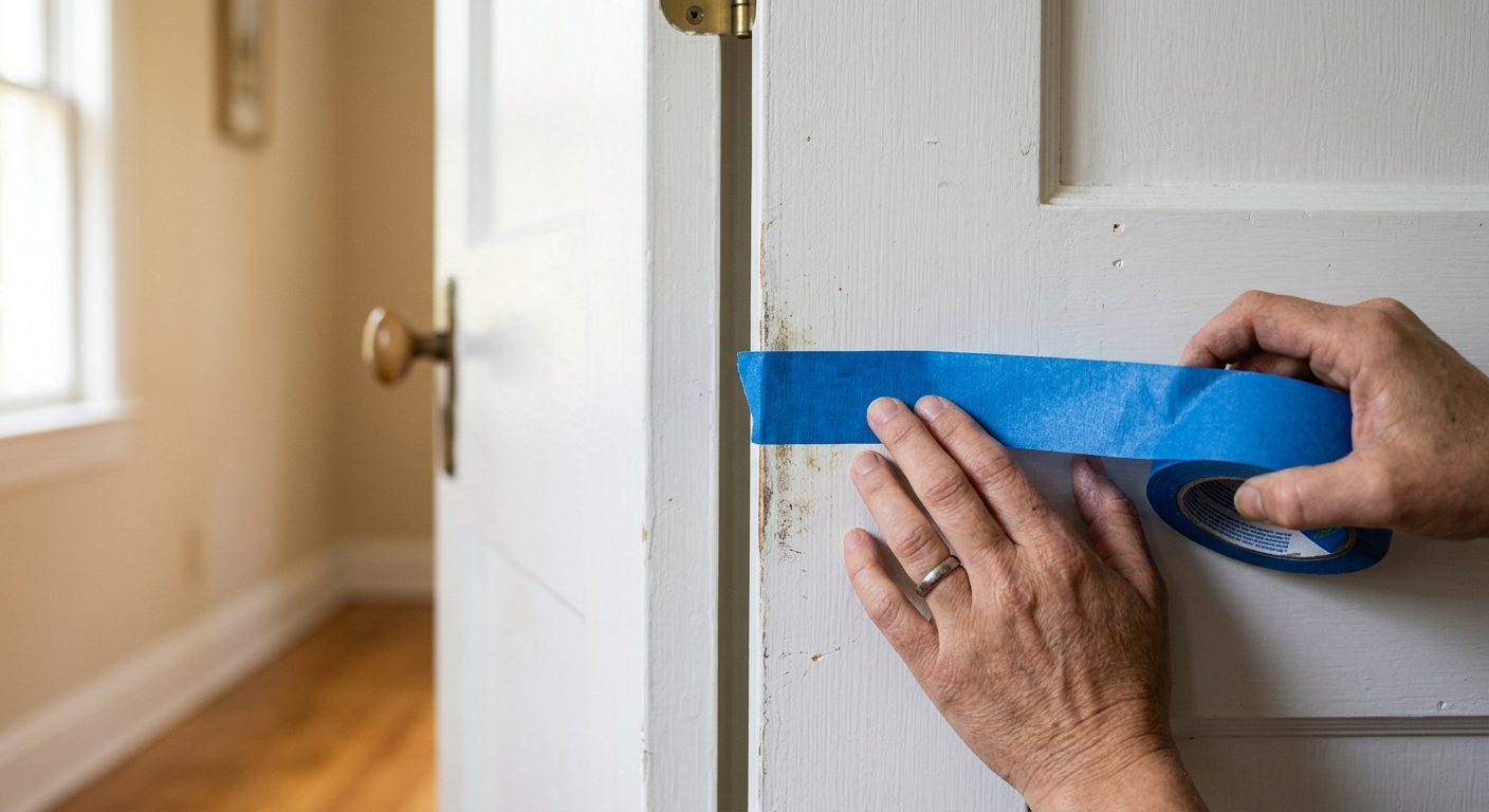 A homeowner marks the rub point on a sticking interior door with chalk.