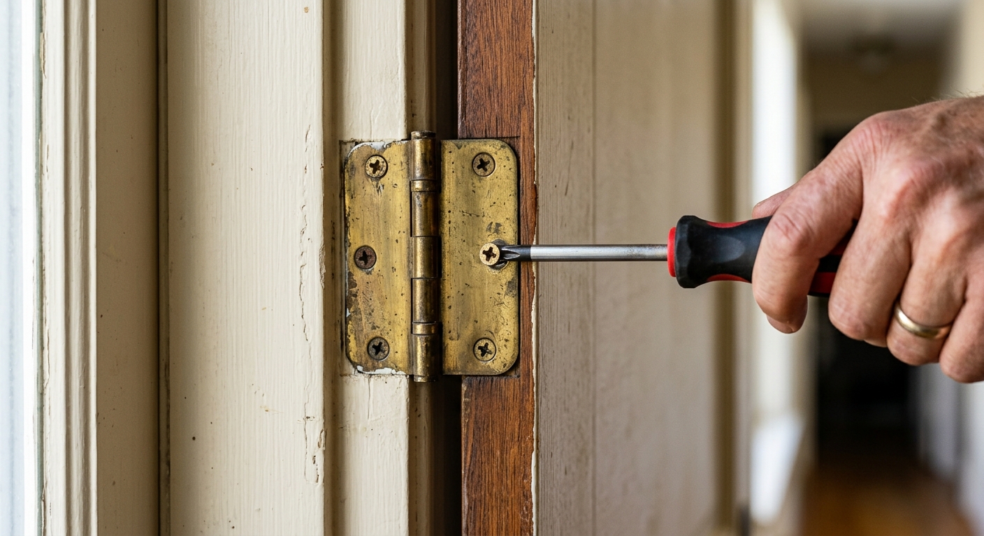 Close-up of a screwdriver tightening a loose hinge screw on an interior door.