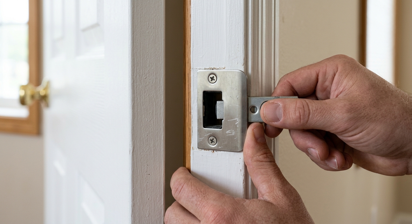 A close-up of an interior door strike plate being checked for alignment.