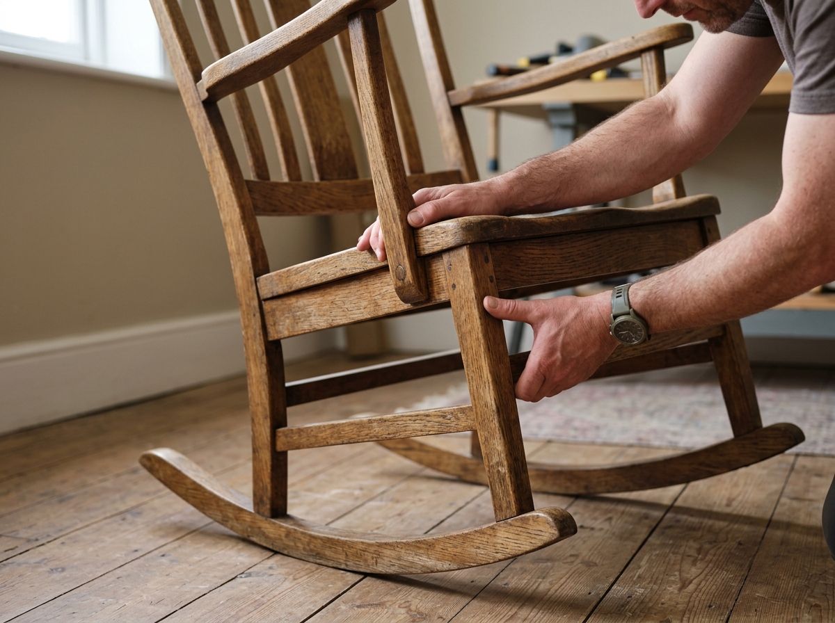 A beginner checking a wooden chair on a flat floor to find the loose leg or joint.