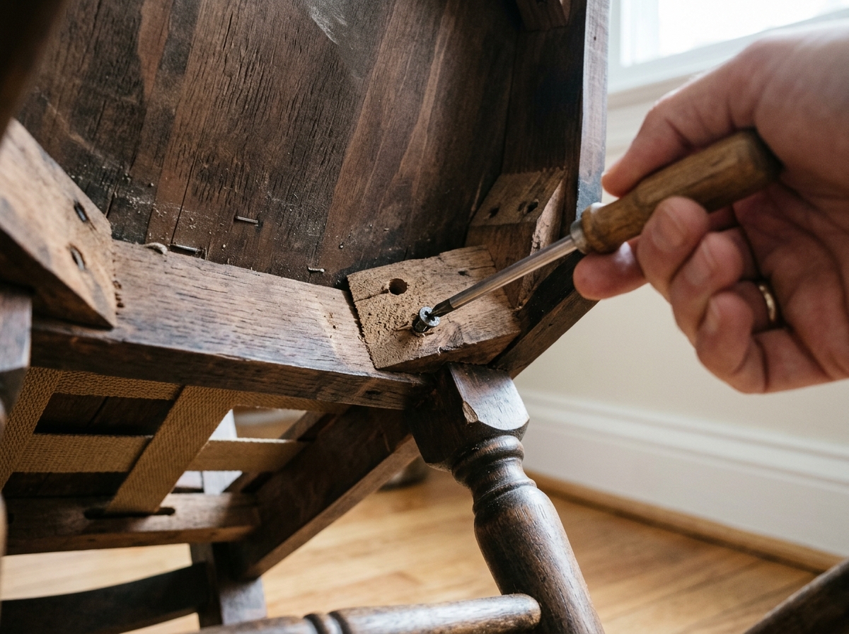 Close-up of a screwdriver tightening a chair fastener under the seat.