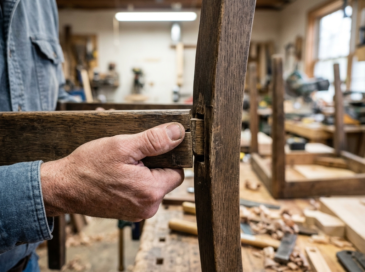 A loose wooden chair joint being checked by hand before glue repair.