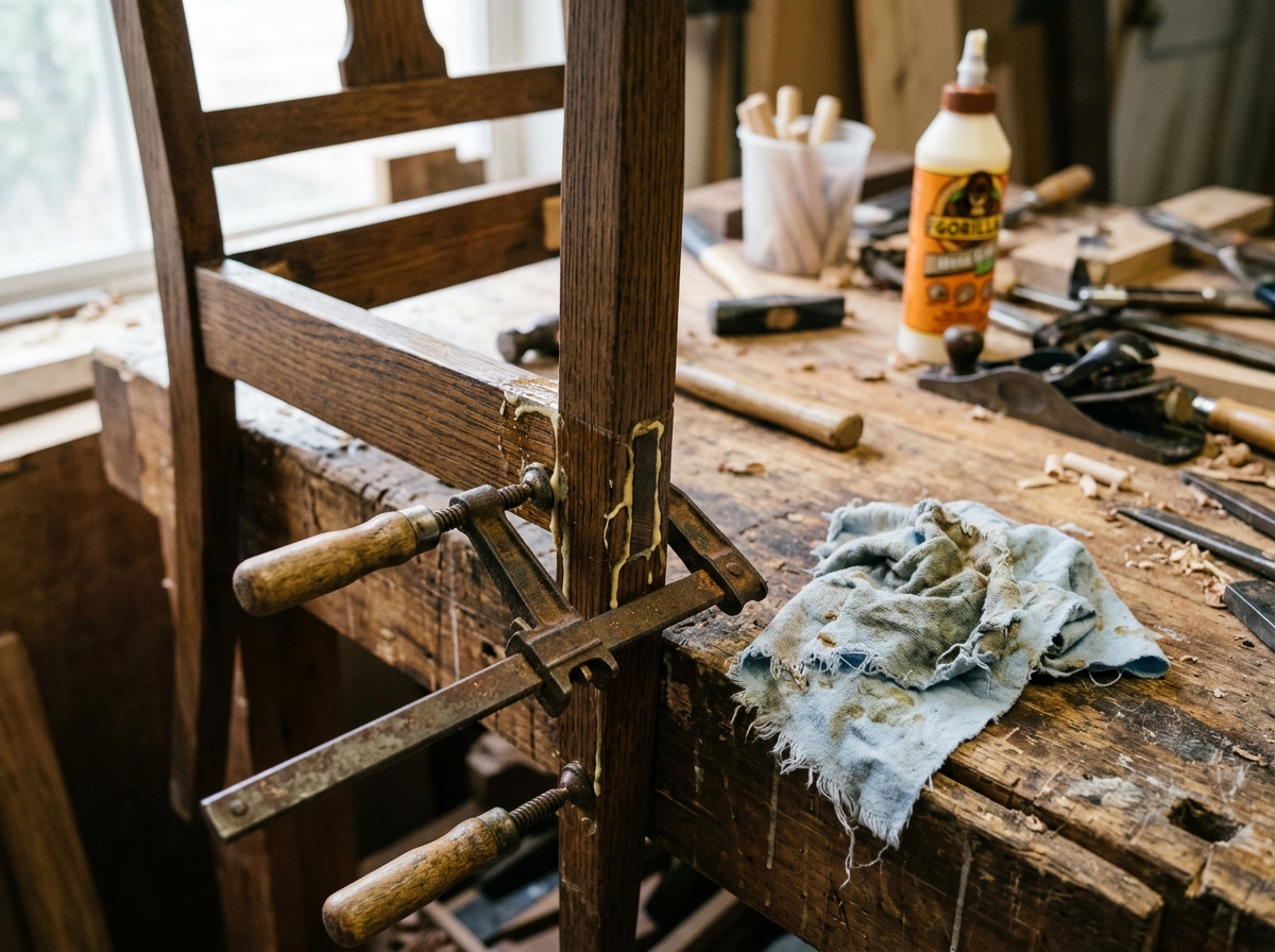 Clamps holding a chair joint while glue cures on a repair bench.