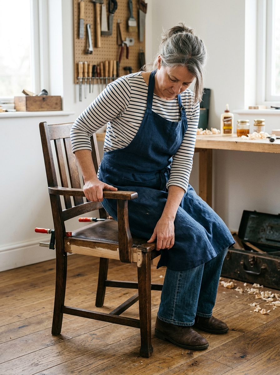 A repaired chair being tested carefully by a person sitting down slowly.