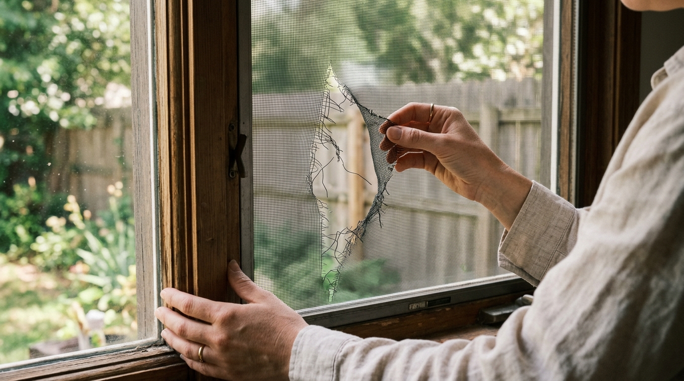 A torn window screen with a small damaged section highlighted for repair.