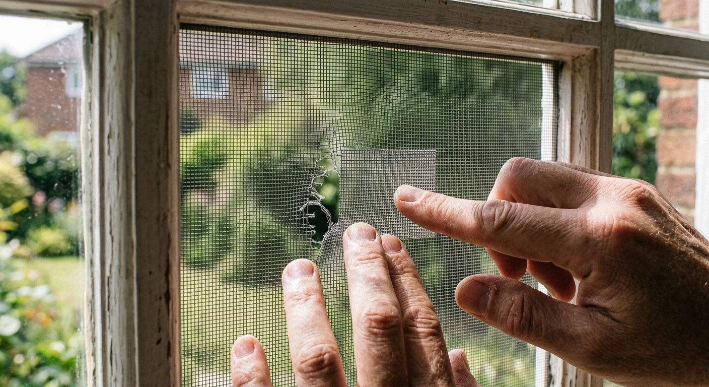 A screen repair patch being pressed over a small tear on the mesh.