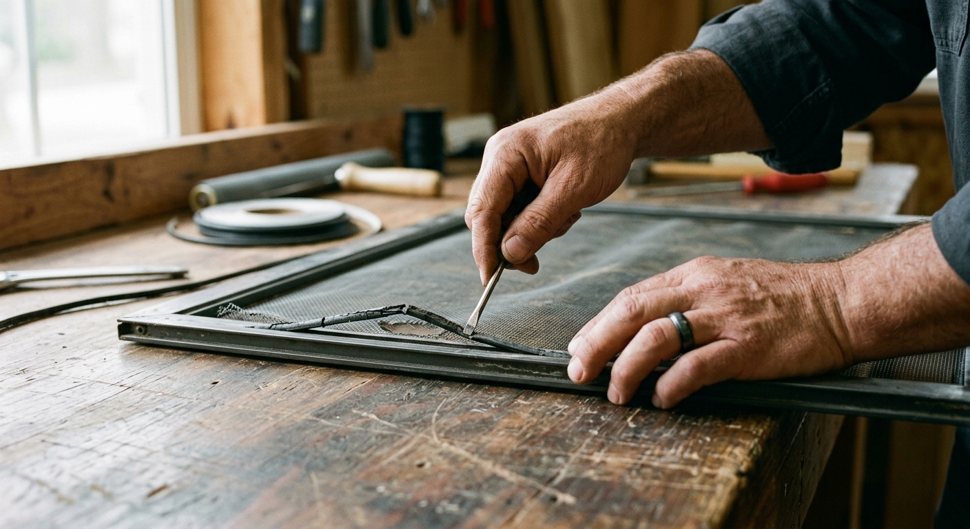 A homeowner removing old spline from a window screen frame with a small screwdriver.