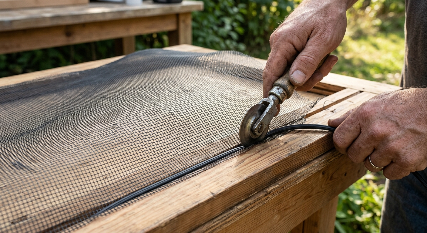 New mesh draped over a screen frame while a spline roller seats the cord into the groove.