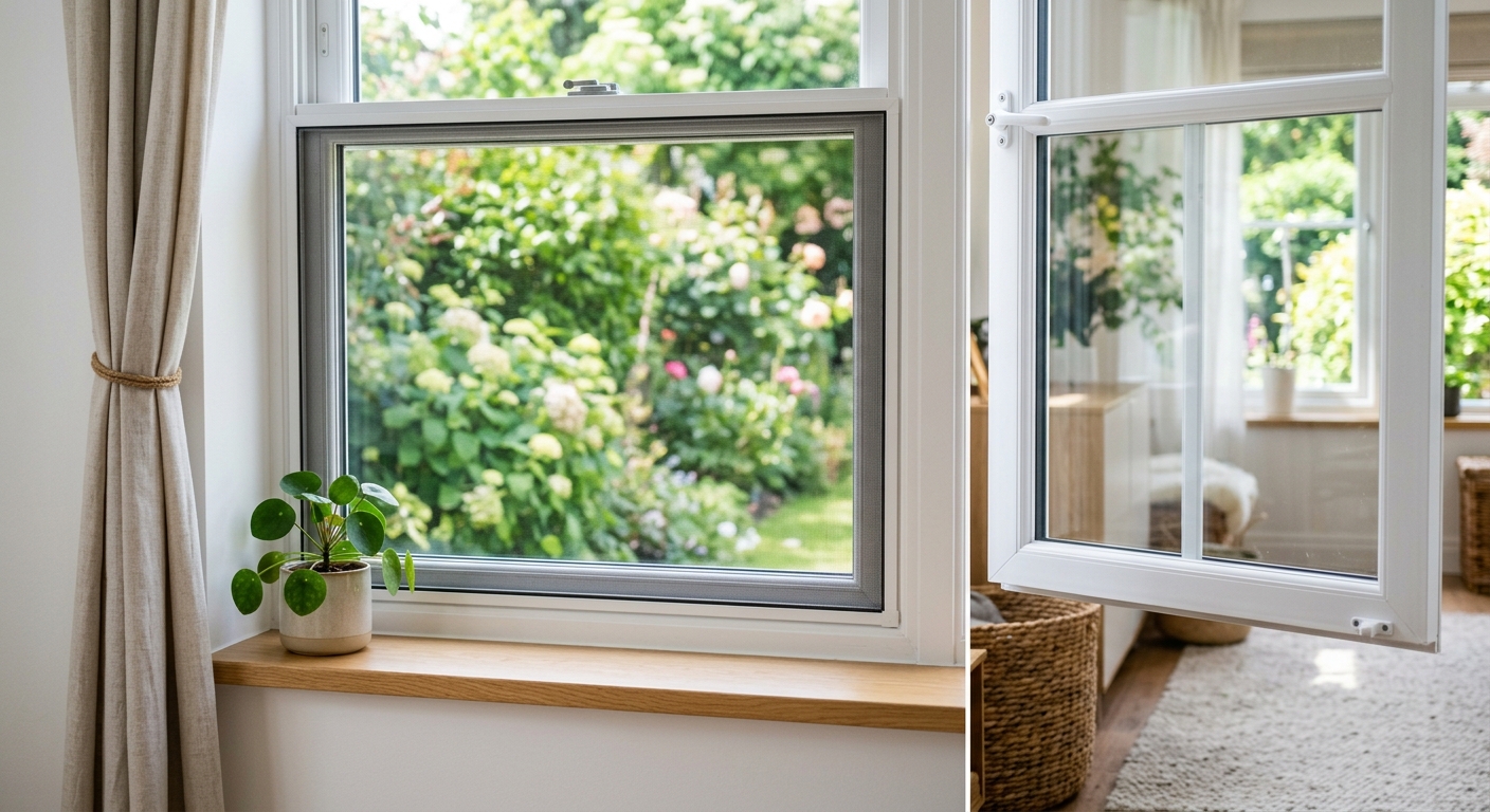 A finished repaired window screen with a clean trimmed edge and even tension.