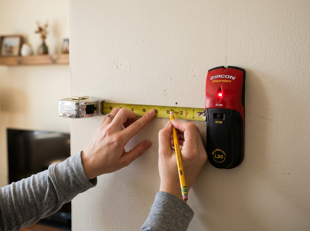 A beginner marking the wall for a hook install with a tape measure and pencil.