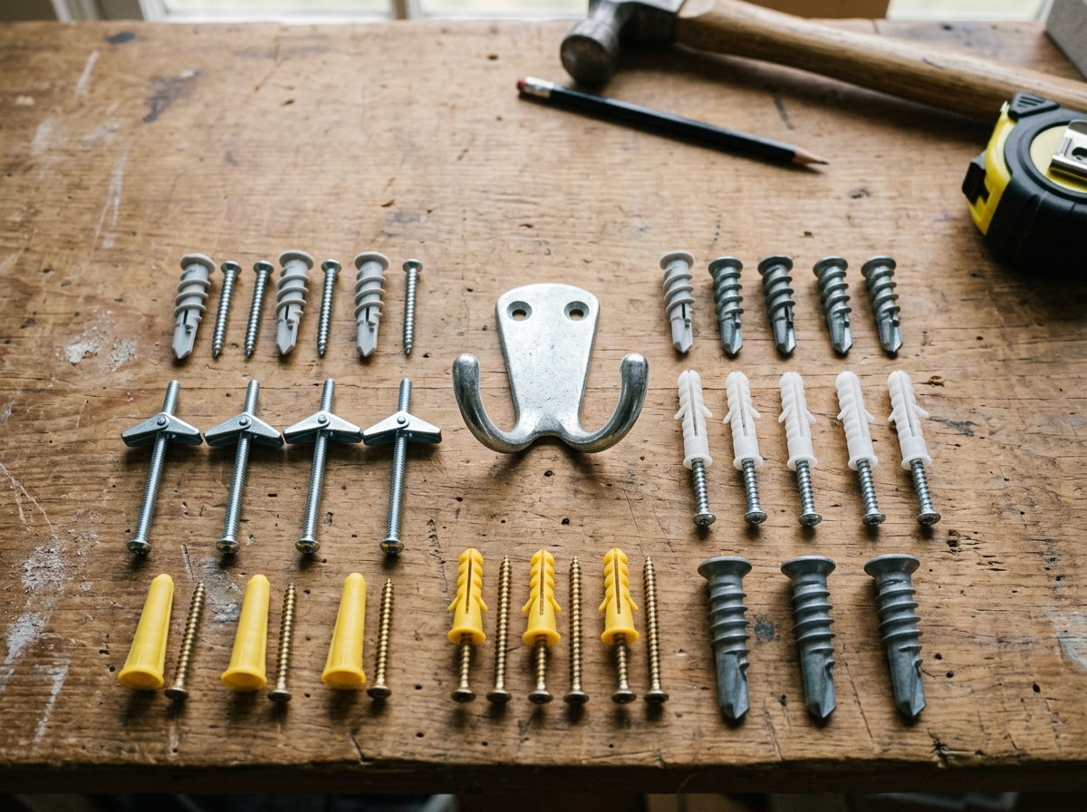Assorted drywall anchors and screws laid out next to a hook plate for comparison.