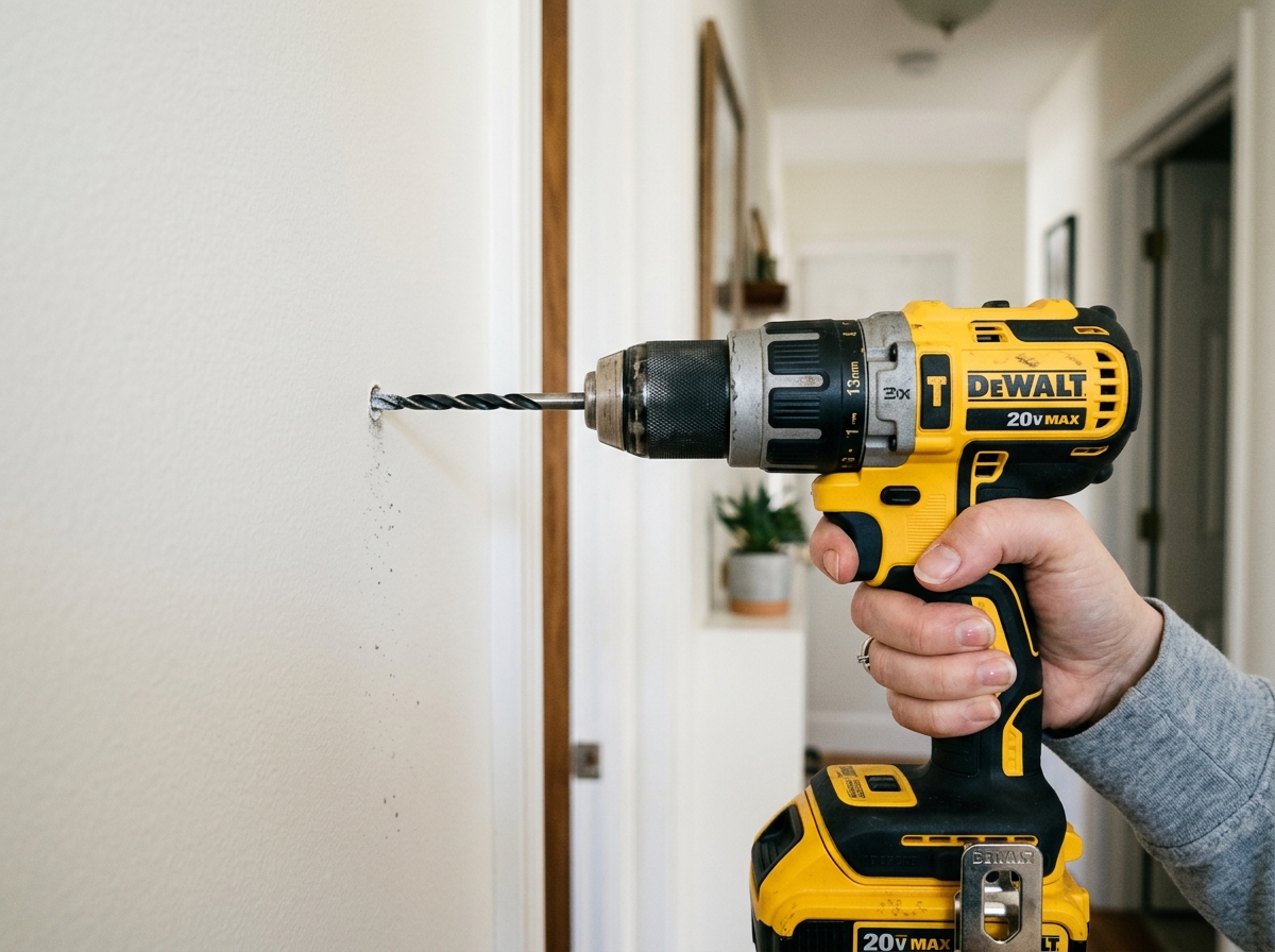 A drill making a clean pilot hole in painted drywall beside pencil marks.